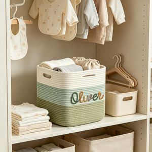 Custom Cotton <b>Rope</b> Woven Storage <b>Basket</b> with Embroidered Name, 11x11x11 Inch Green Gradient Cube Organizer Bin for Kids - Product Image 4