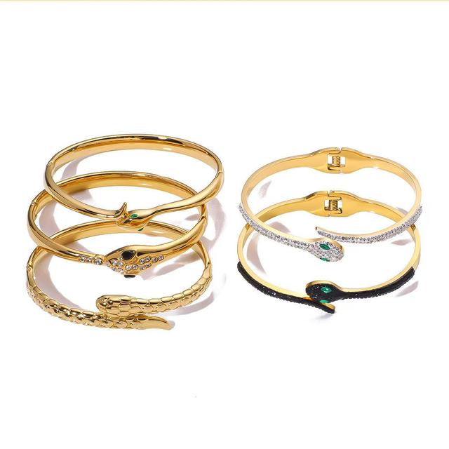 Stainless Steel Snake Shape Zircon Cuff Bangle Non Tarnish Waterproof 18k Gold Plated Luxury Fashion Bangles
