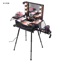 Chariot de Salon Professionnel en Aluminium à Roulettes avec Miroir et Éclairage, Poignée Souple, Pieds de Télescope à Boîtier Ouvert, Durable