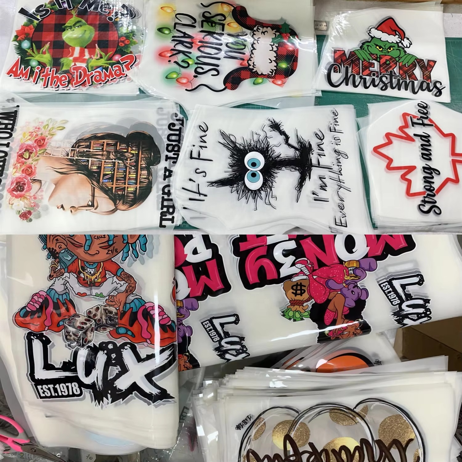 Custom Design Eco-Friendly Cartoon Washable Rubber PET Transfer Printing Sticker Custom Color For Garment Heat Transfer T-Shirts