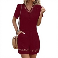 Ensemble short et haut pour femme, col en V, manches courtes, bordure en dentelle, tenue décontractée printemps-été, coupe ample, couleur unie, en coton tricoté