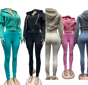 Vivibloook Z1017ST Conjunto de yoga deportivo para mujer Sudadera con capucha y cremallera lavada Top de terciopelo Pantalones de jogging Conjunto de pantalones de dos piezas para mujer - Product Image 1