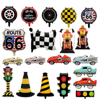 Ballons en Mylar Voiture de Course Route 66 Drapeau à Carreaux Pneu Feu de Signalisation Cône Voiture Vintage Décoration Fête Anniversaire Garçon Thème Course