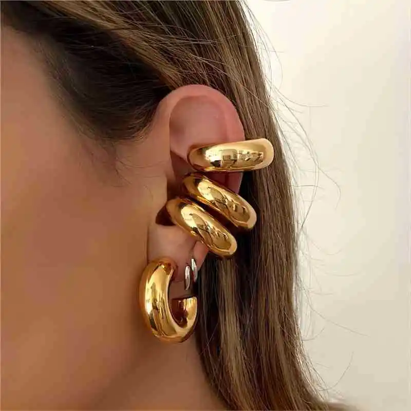 Pendientes gruesos de acero inoxidable para mujer, aretes de aro hueco chapado en oro, acero inoxidable, joyas mayor aretes de moda