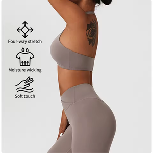 カスタムレディースアクティブウェアクイックドライ4ウェイストレッチツーピースヨガレギンスセットホルタールーチドスポーツブラハイウエストVウエストパンツ - Product Image 3