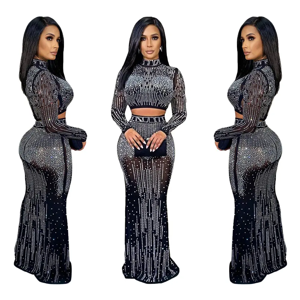 Sexy Club Elegant Mesh Sequined Gowns See Through Rhinestone Long Dress Tops And Skirt Set 2 Piece Set Party Women Skirt