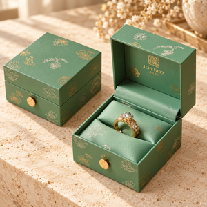 Caja de Joyería de Anillo Verde de Lujo, Caja de Regalo de Papel Duro con Logotipo Personalizado y Cierre de Botón para Empaque de Anillos de Compromiso y Boda - Product Image 5