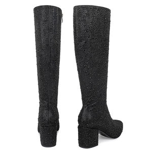 Wetkiss Oem Puntige Neus Dikke Hak Laarzen Vrouwen Sprankelende Kristallen Laarzen Zwarte Brede Kuit Knie Hoge Laarzen Voor Feest - Product Image 5