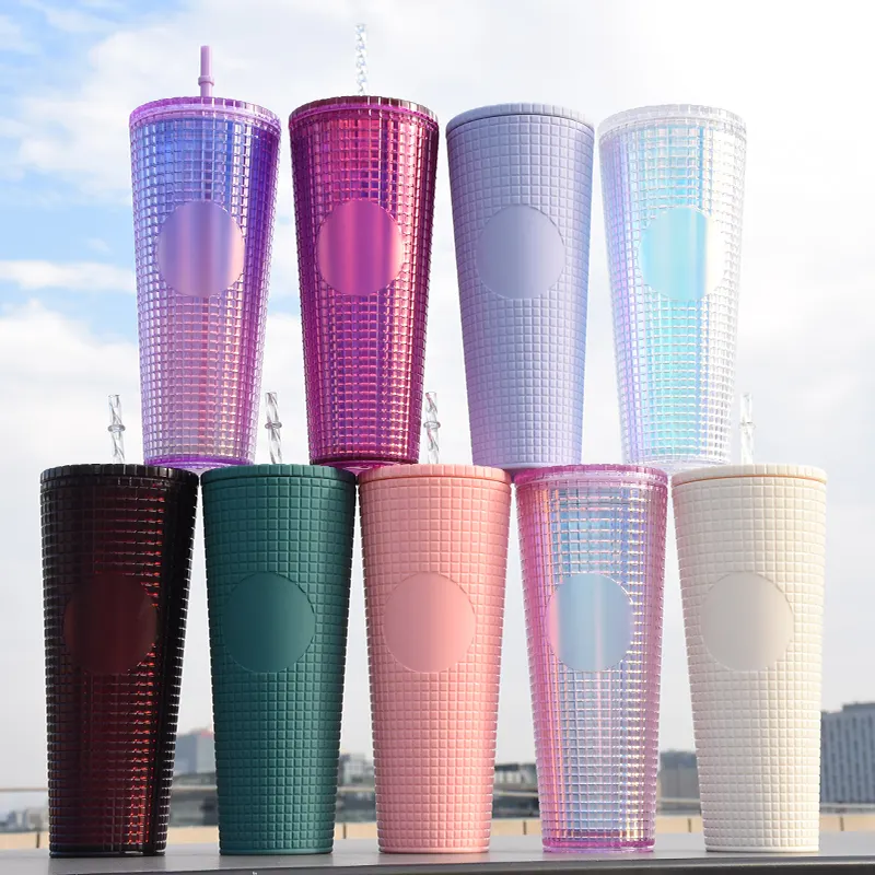2022 New Studded Cup Matte Black Pink Purple Green Gold Corn Tumbler Reusable Cold Beverage Cups With Lid And Straw star buck