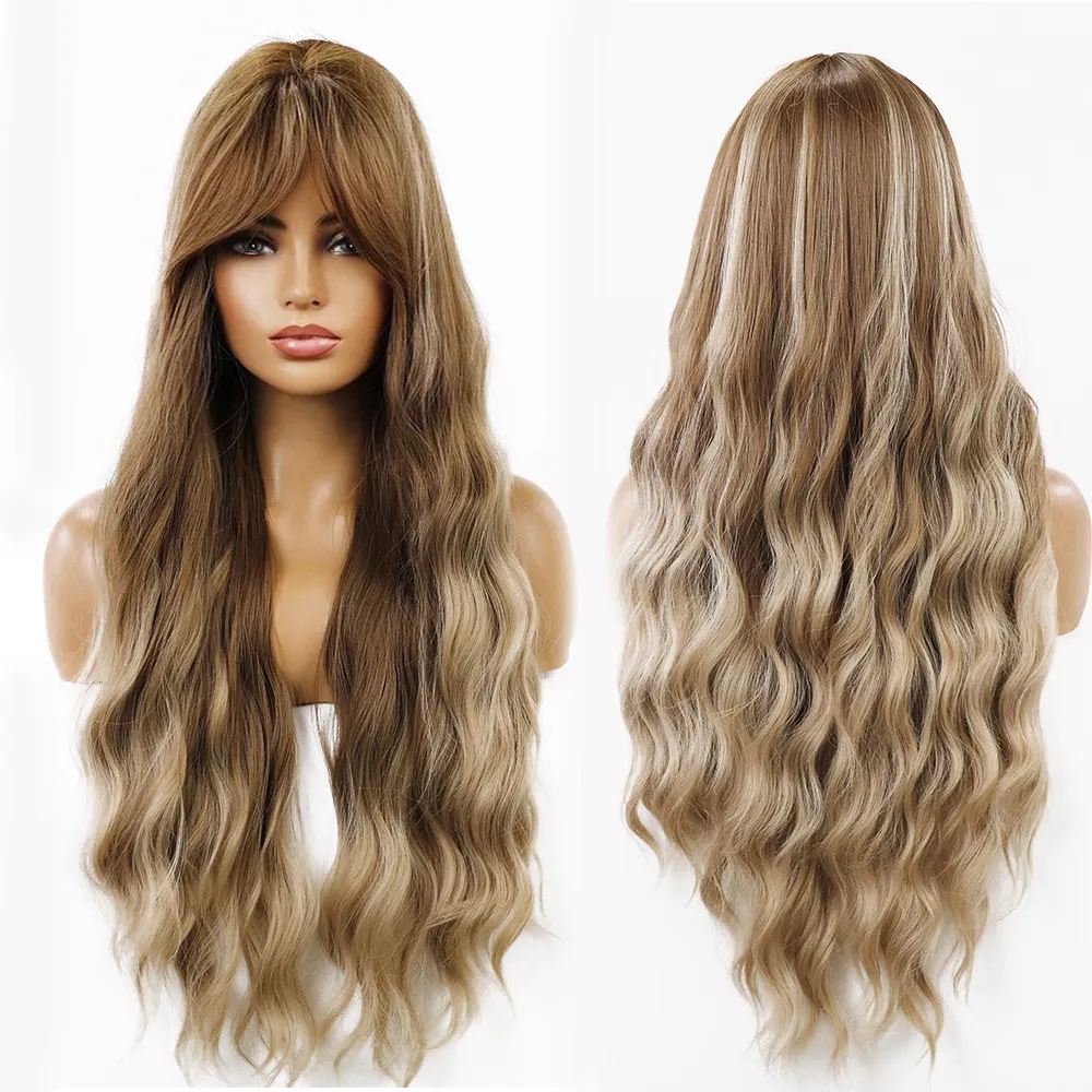 Long Body Brown with Blonde Wave Hair Wig Women's Synthetic Wavy Wigs With Bangs Natural Heat Resistant jumbo Wig