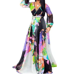 नवीनतम हॉट बिक्री आकस्मिक फैशन अफ्रीका लंबी आस्तीन v गर्दन मुद्रित महिला लंबे मैक्सी प्लस आकार की पोशाक
