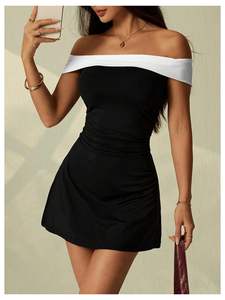 Robe moulante courte à épaules dénudées pour femme, unie, romantique, naturelle, élégante, chic, pour mariage, cocktail, fête d'été - Product Image 2