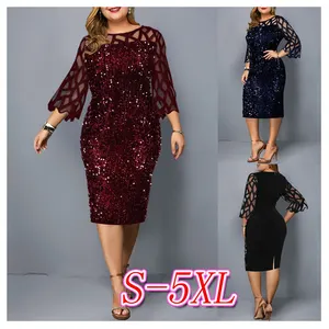 Party kleid Plus Size Damen Midi Pailletten Mesh Langarm Spitze Elegant Bodycon M-5XL Abendkleider Frau Sommer 2022