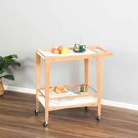 Chariot de cuisine moderne à deux niveaux en bois, bambou et MDF blanc avec roulettes et poignée, écologique et multifonctionnel pour salon, boissons et aliments