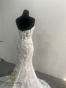QUEENSGOWN Abito da Sposa Delicato <span class=keywords><strong>con</strong></span> Fiori 3D in Pizzo, Scollatura a V Sexy <span class=keywords><strong>con</strong></span> Perline, Corpetto Illusione, Stile Sirena - Product Image 6