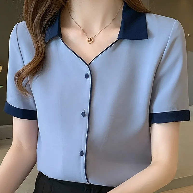 Blusas Blouses Top Femme Short Sleeve V-Neck Chiffon Blouse Shirt Women Blue Blusas Mujer De Moda E841