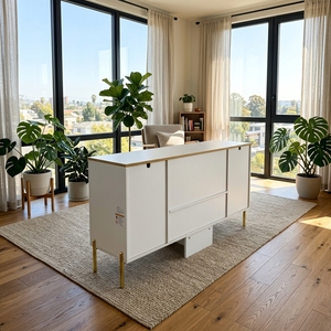 <span class=keywords><strong>Buffet</strong></span> latéral cannelé <span class=keywords><strong>blanc</strong></span> avec pieds <span class=keywords><strong>et</strong></span> poignées dorés, meuble de rangement d'entrée, console avec tiroirs pour salon <span class=keywords><strong>et</strong></span> rangement domestique - Product Image 4
