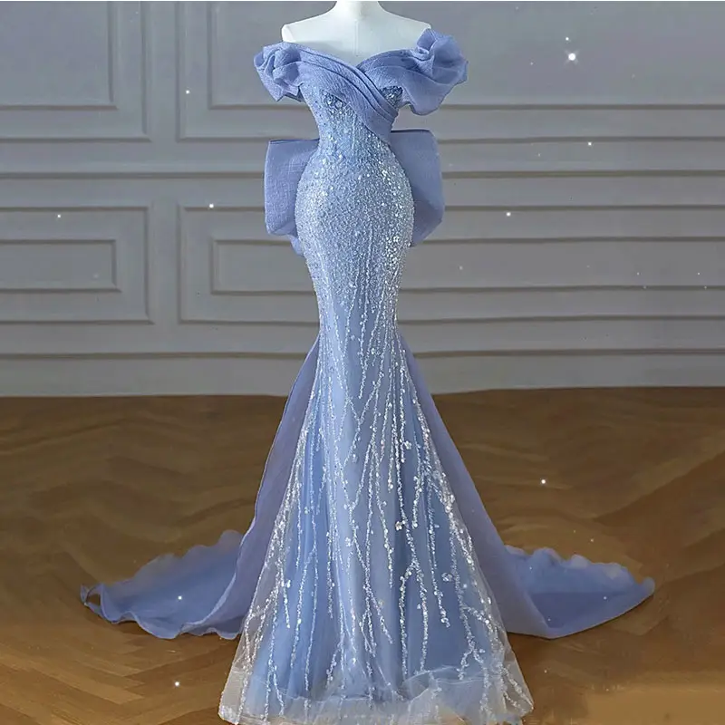 Blauwe Kralen Zeemeermin Jurken Elegante Prom Banket Avondjurken Trouwjurken Voor Bruidsmeisje