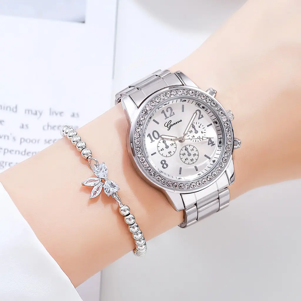 Hip Hop Iced Out Siver Gold Rose Gold Bling Diamond Quartz Watch Sets Butterfly Silver Bead Bracelet Wristwatch Set