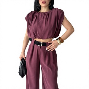Conjunto de Dos Piezas para Mujer, Top sin Mangas con Volantes y Pantalones de Cintura Alta, Color Sólido, Chifón, Corte Holgado, Atuendo Elegante para Primavera/Verano - Product Image 1