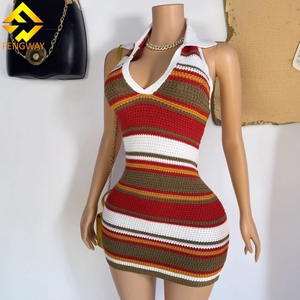 <span class=keywords><strong>Abito</strong></span> da donna estivo personalizzato alla moda Chic a righe multicolori senza schienale Mini <span class=keywords><strong>abito</strong></span> corto Vintage senza maniche da donna - Product Image 5