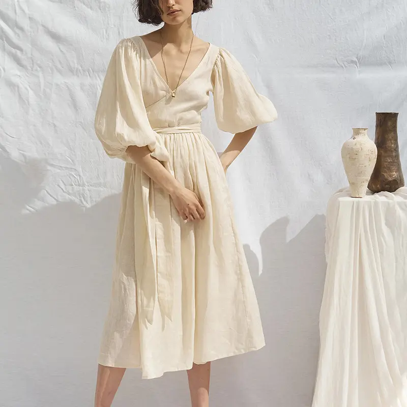 Vestido de verano Vintage de lino con mangas abullonadas y escote triangular, informal