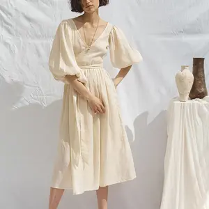 Женское винтажное платье с рукавами-фонариками, повседневное льняное платье средней длины с V-образным вырезом и завязками, новый дизайн, лето