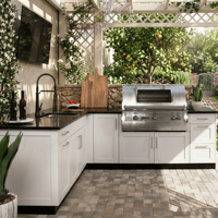 Cuisine extérieure en acier inoxydable à texture métallique ODM, moderne, personnalisable, ignifuge, pour jardin