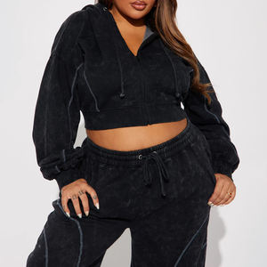 Conjuntos de punto personalizados Mujer 2025 Crop Top Cremallera Sudadera con capucha Chaqueta y pantalones acampanados Chándal Conjuntos de 2 piezas para mujer - Product Image 1