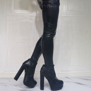 Bottes hautes personnalisées en cuir PU extensible grande taille 47, à plateforme, au-dessus du genou, pour femme, avec boucle et fermeture éclair latérale - Product Image 3