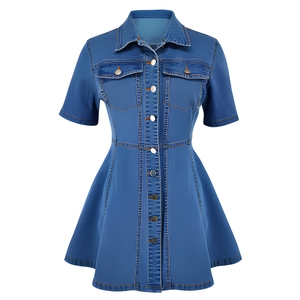 Nouvelle Robe Droite Lavée à la Française pour <span class=keywords><strong>Femme</strong></span> Européenne, Style Rétro Élégant, en Jean, avec Col Revers et Manches Courtes, Couleur Claire - Product Image 4