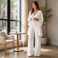 Ensemble trois pièces pour femmes Joydressing en gros : haut blanc à col en V, cardigan long ouvert sur le devant et pantalon large