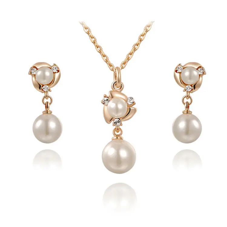 Vintage Fashion Crystal Bridal Jewellery Rose Gold Silver Diamond Pearl Pendant Necklace Stud Earrings Set Women Wedding Jewelry