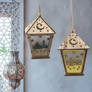 Ramadan LED Light Wooden House Hanging Pendant Ramadans Moon House LED Lights Wood Hanging Pendant Eid Mubarak Muslim Islam