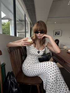 Gonna a Coda <span class=keywords><strong>di</strong></span> Pesce Estiva Antistatica <span class=keywords><strong>in</strong></span> Maglia con Collo Alto Stile Francese Personalizzabile Vita Alta Schiena Scoperta a Pois Casual da <span class=keywords><strong>Donna</strong></span> A45 - Product Image 3