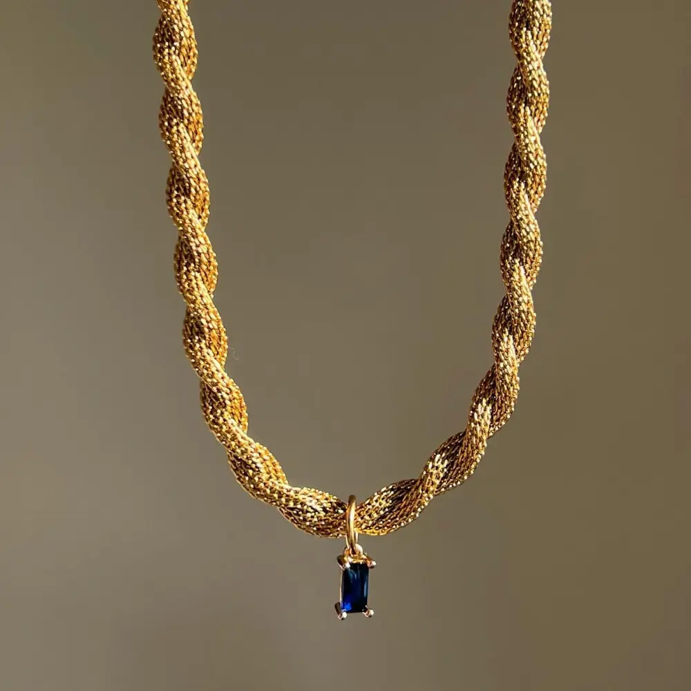 European Twist Thick Chain 4mm Navy Blue Zircon Pendant Necklace Bracelet Vacuum 18K Gold Plated Stainless Steel Chain Necklace