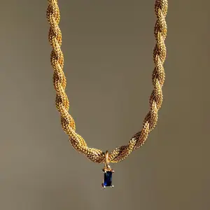 欧洲扭厚链4毫米海军蓝锆石吊坠项链手链真空18k镀金不锈钢链项链