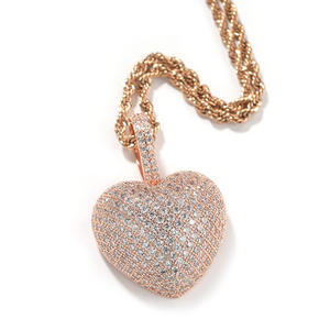 TD1 Collar con colgante de diamante dorado para mujer con cadena de cuerda de latón de 3mm en forma de corazón Estilo hip-hop Encanto helado Precio al por mayor barato - Product Image 6