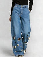 Jean en denim droit taille mi-haute pour femme, coupe classique, longueur intégrale, avec découpes boutonnées, style décontracté vintage streetwear, respirant pour l'été