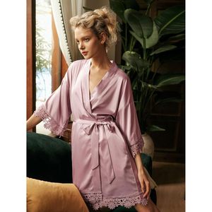 Sioro - Kimono corto de seda para mujer, cuello en V, manga tres cuartos, ribete de encaje, cintura cruzada de satén, bata de baño para fiesta de bodas o dama de honor - Product Image 2