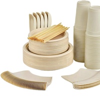 Ensemble de vaisselle jetable en bagasse de canne à sucre, assiettes rondes, couverts et gobelets de 16 oz pour les invités