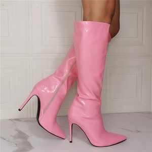 Pointy Toe Cute Women Boots Calf High Patent Leather High-heeled <b>Shoes</b> Long Knee Wide Leg Feet Size 14 - Product Image 6
