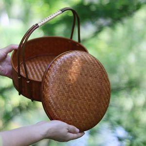 <b>Bamboo</b> Woven Storage Basket Round With Lid Kitchen Food <b>Container</b> 22cm Neatening Storage - Product Image 4