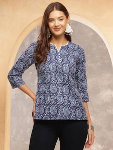 Top de algodón con cuello redondo estampado con motivos étnicos para mujer - Product Image 3