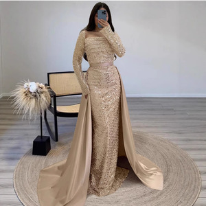Vestido de Noche con Lentejuelas y Hombros Descubiertos, Manga Larga, Cintura Natural, Cierre Frontal, Hecho a Mano, para Fiesta Formal - Product Image 1