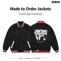 Veste de baseball en satin personnalisée OEM, col côtelé rayé, broderie et impression personnalisées, veste bomber à boutons pression