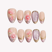Ongles à presser en acrylique 3D, motif fleur de cerisier, perle, goutte d'eau, or, forme amande, logo personnalisable, dégradé violet-rose