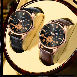 Men's Stainless Steel Quartz <b>Watch</b>, 42mm Round, Leather Strap, <b>Arabic</b> Numerals, Three Eyes, Six Hands, Multifunctional <b>Watch</b> - Product Image 4