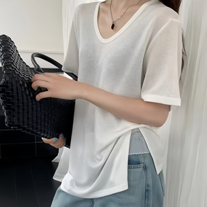 <span class=keywords><strong>T</strong></span>-<span class=keywords><strong>shirt</strong></span> décontracté pour <span class=keywords><strong>femme</strong></span>, <span class=keywords><strong>col</strong></span> en <span class=keywords><strong>V</strong></span>, 180 grammes, coupe ajustée, <span class=keywords><strong>manches</strong></span> courtes, tricoté, style oversize, é<span class=keywords><strong>t</strong></span>é - Product Image 1