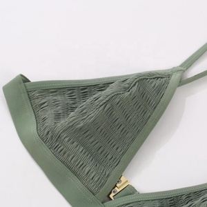Bikini triangle smocké personnalisé vert olive, maillot de bain taille haute pour femme, deux pièces, fabricant OEM - Product Image 2